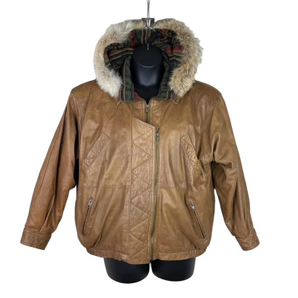 Winlit Vintage Leather Bomber Jacket Oversized Hood Shoulder Pads Brown Size L